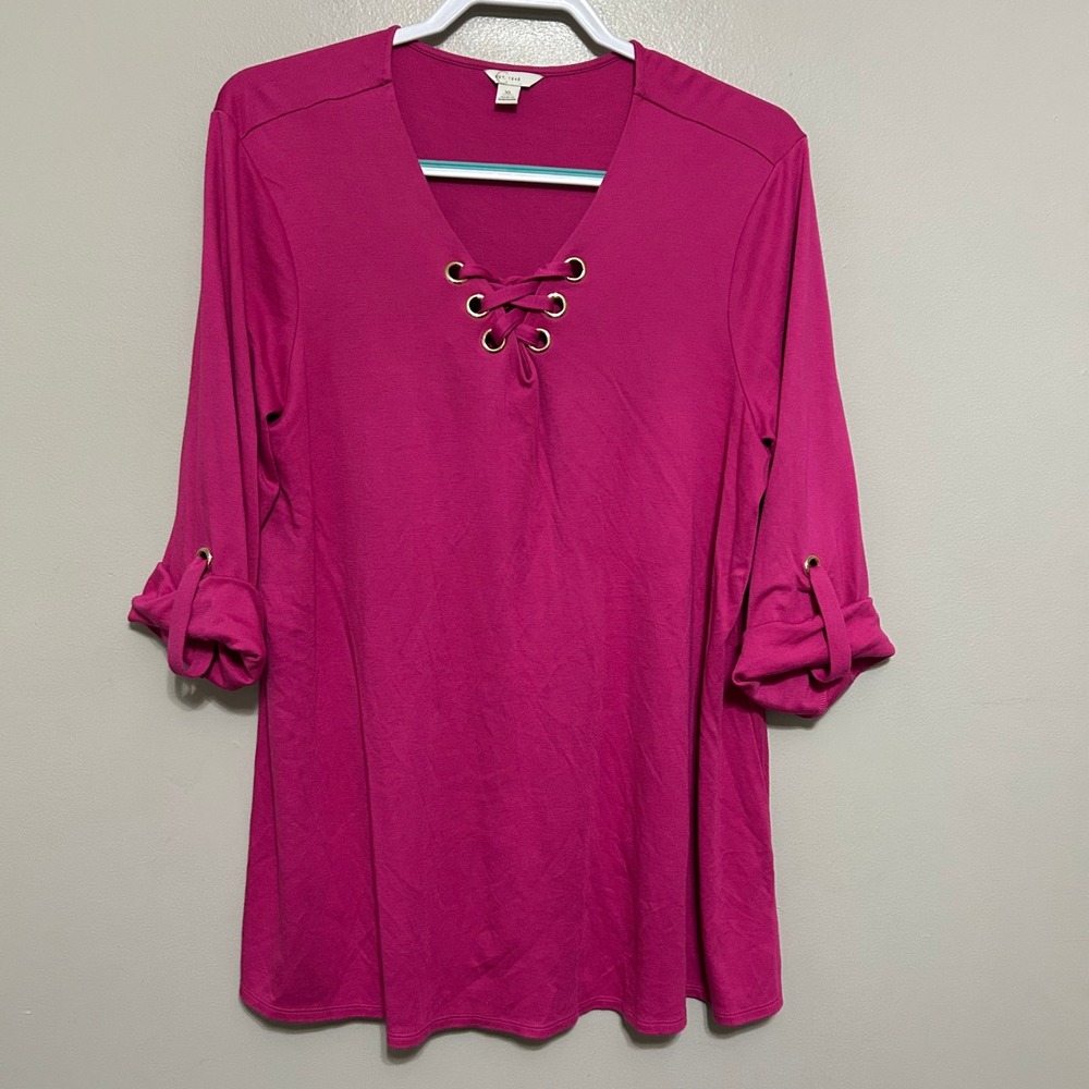 Barbiecore Tunic Top Women XL Fuchsia Pink Lace Up V Neck Roll Tab 3/4 Sleeve